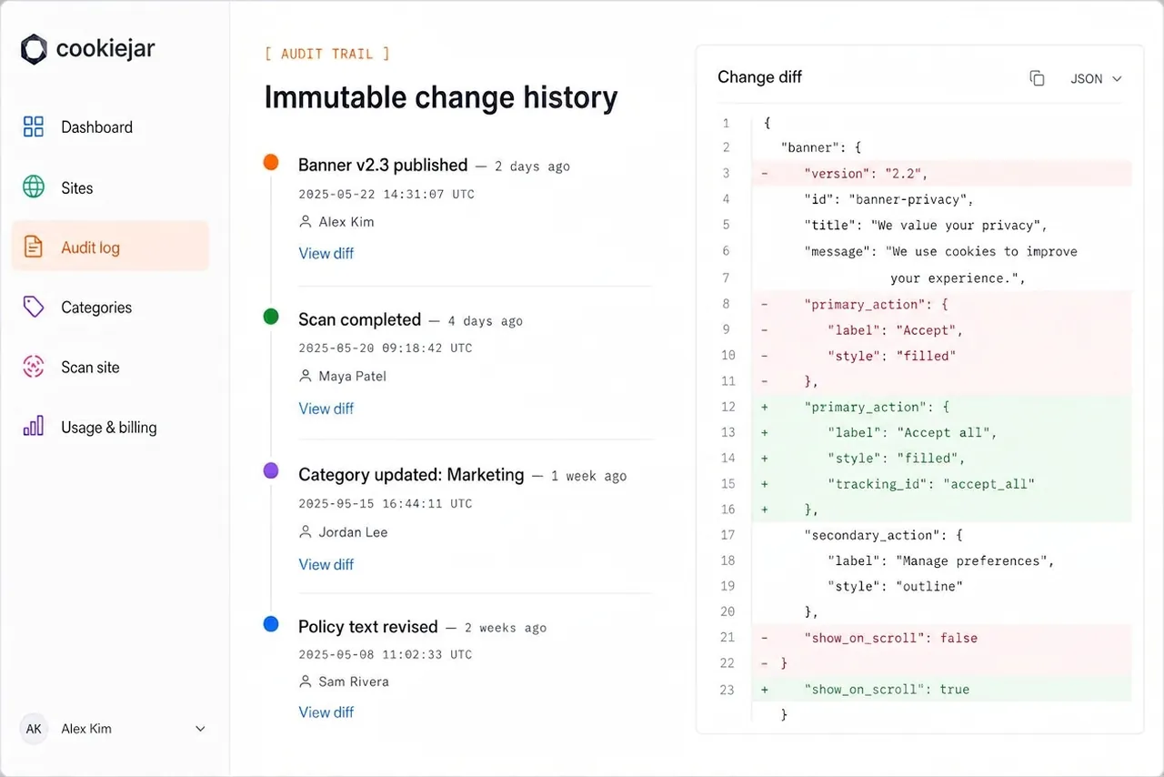 CookieJar audit log timeline showing banner configuration and policy update history