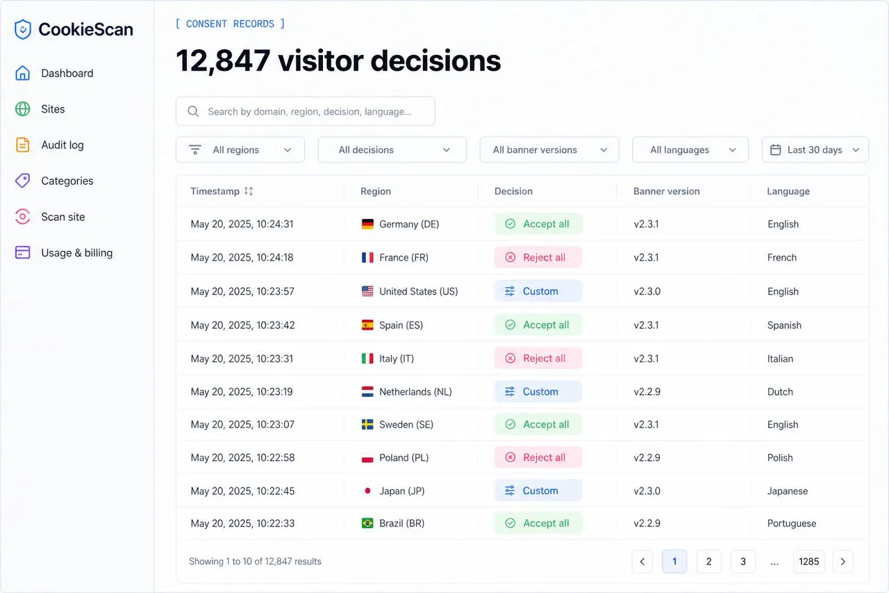 CookieJar consent records dashboard with searchable visitor decisions table
