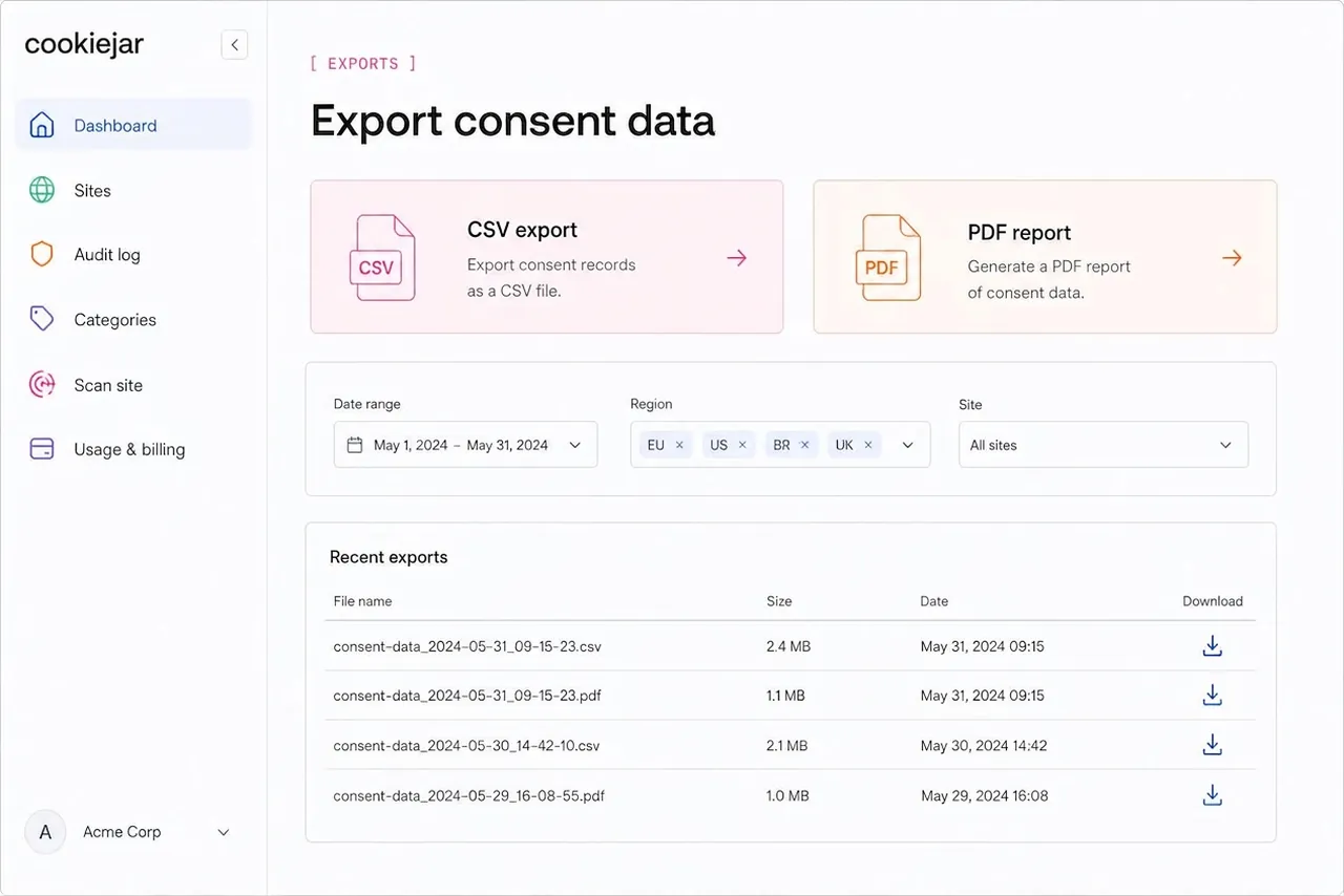 CookieJar exports panel showing CSV and PDF download options with filters
